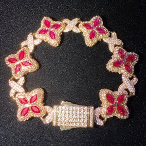 Iced Ruby Clover Flower Bracelet